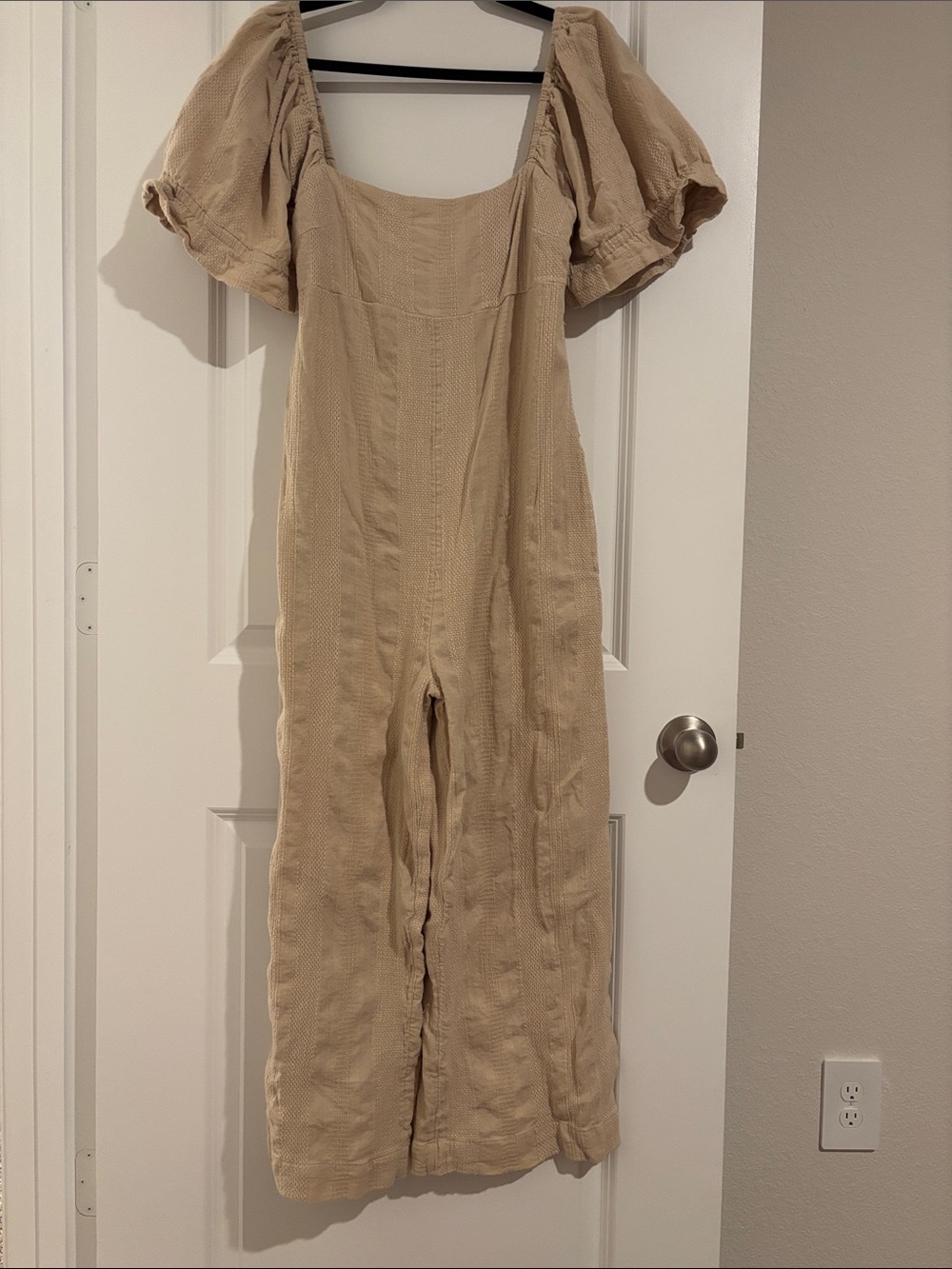 Free People Beige Puff-Sleeve Wide-Leg Jumpsuit